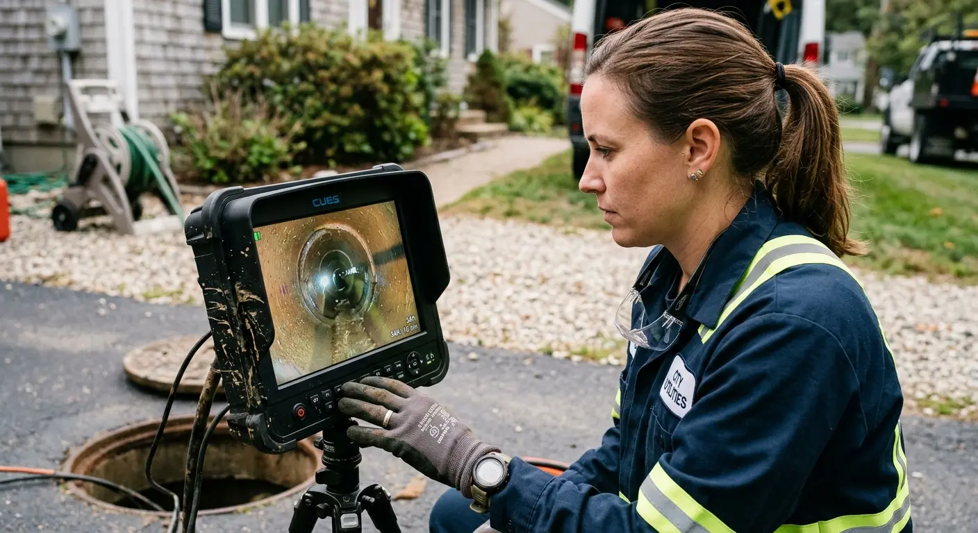 Technician reviewing sewer camera inspection footage in Cookeville