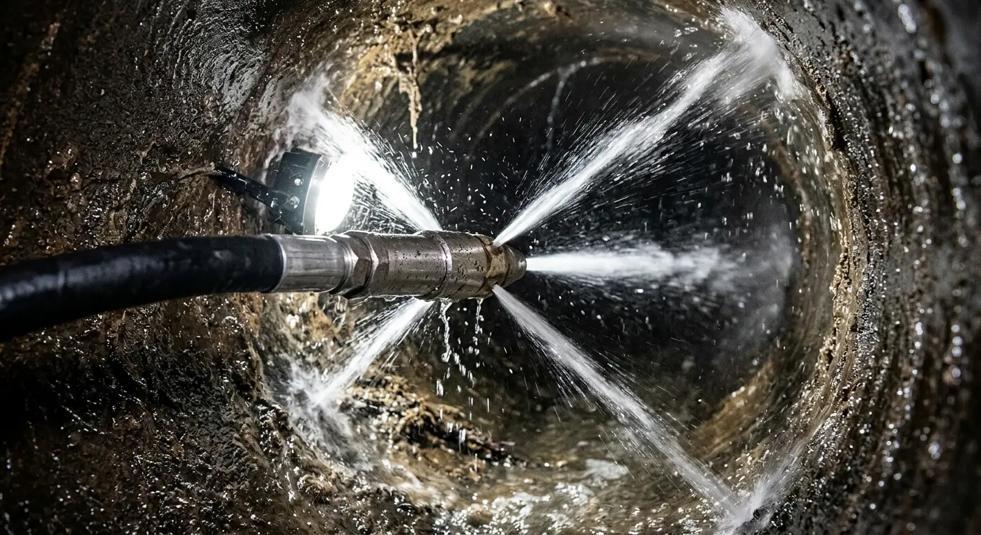 High-pressure hydro jetting nozzle cleaning sewer pipe for Trenchless Sewer Repair in Cookeville