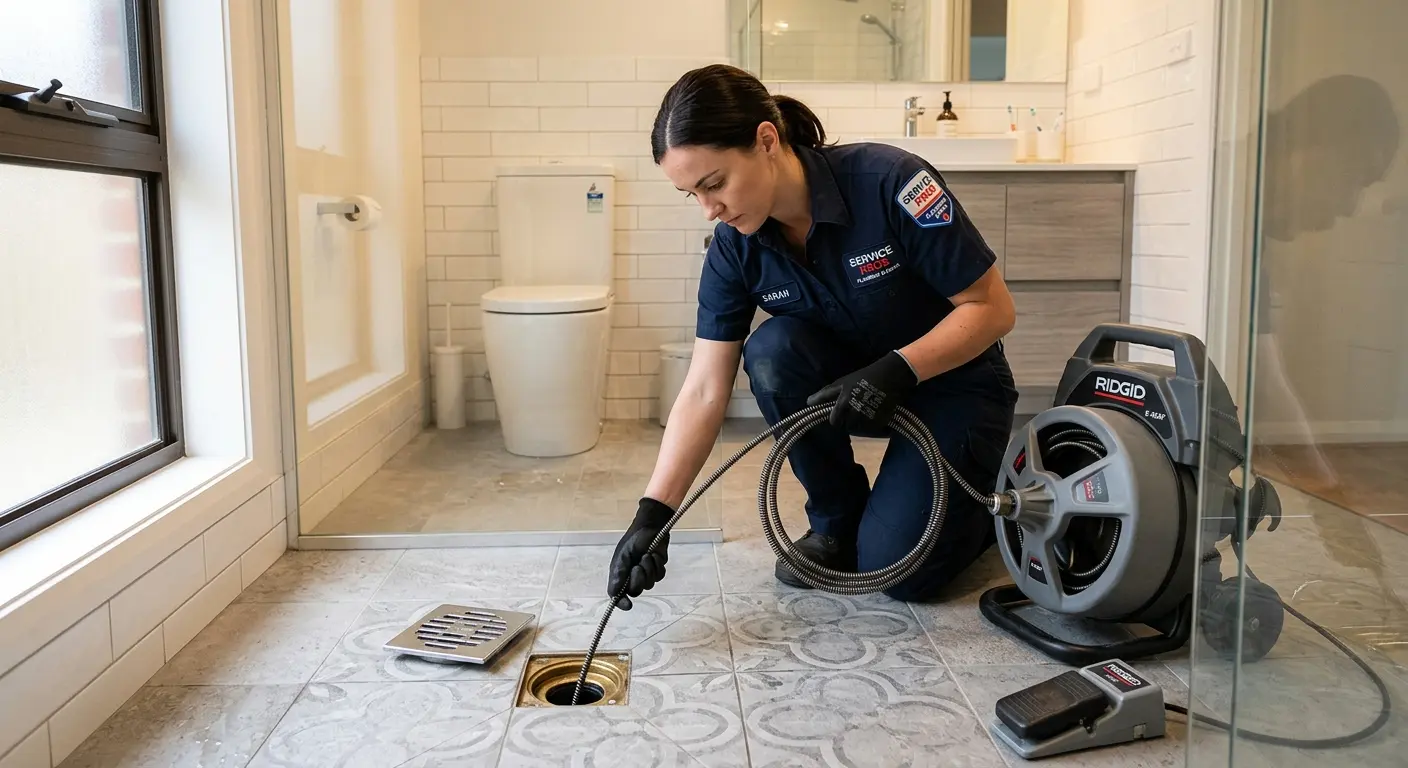 Technician clearing a bathroom floor drain for Sewer Line Installation in Cookeville